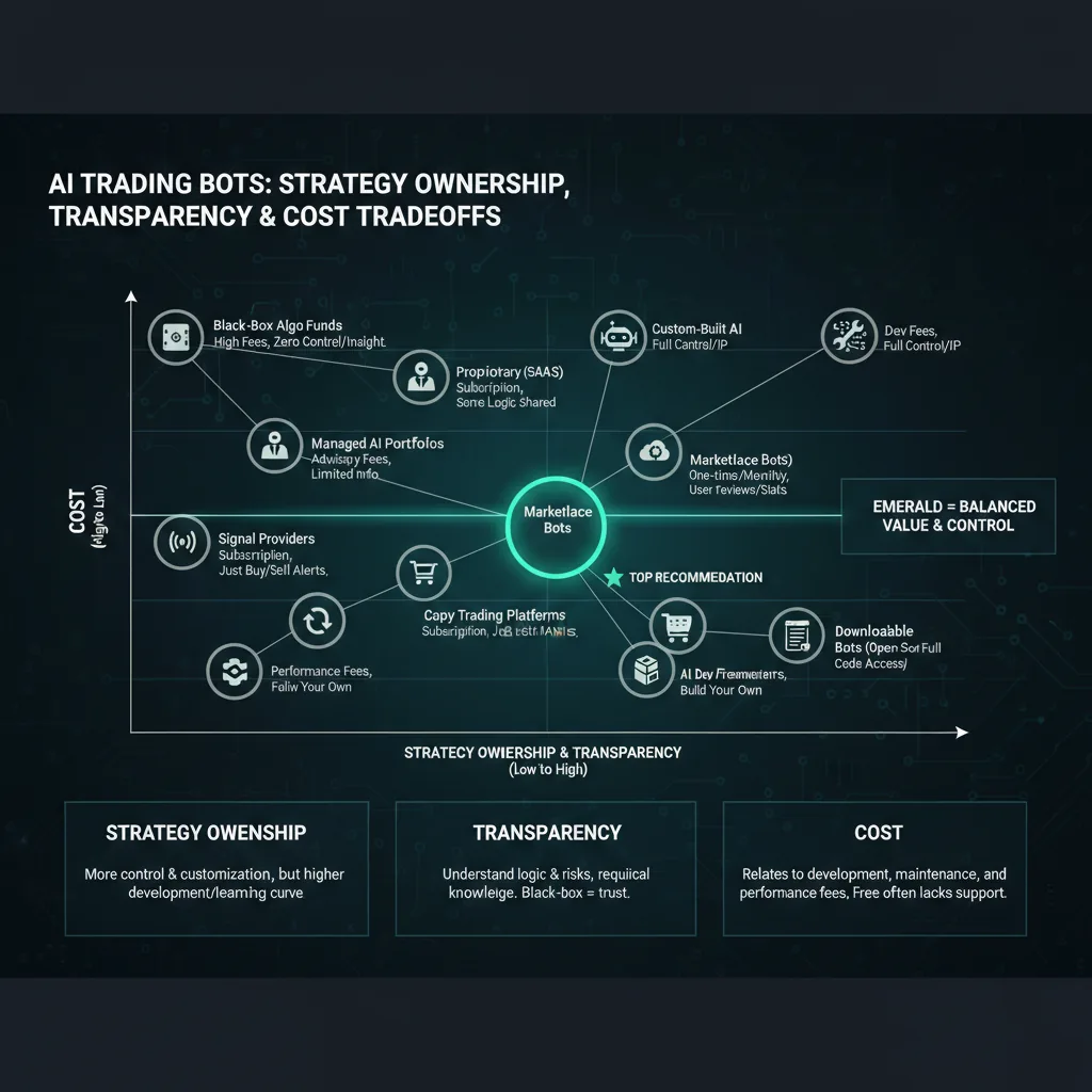 A detailed feature-comparison infographic showing the trade-offs between strategy ownership, transparency, and cost across ten AI trading bot categories, with PineForge highlighted in emerald