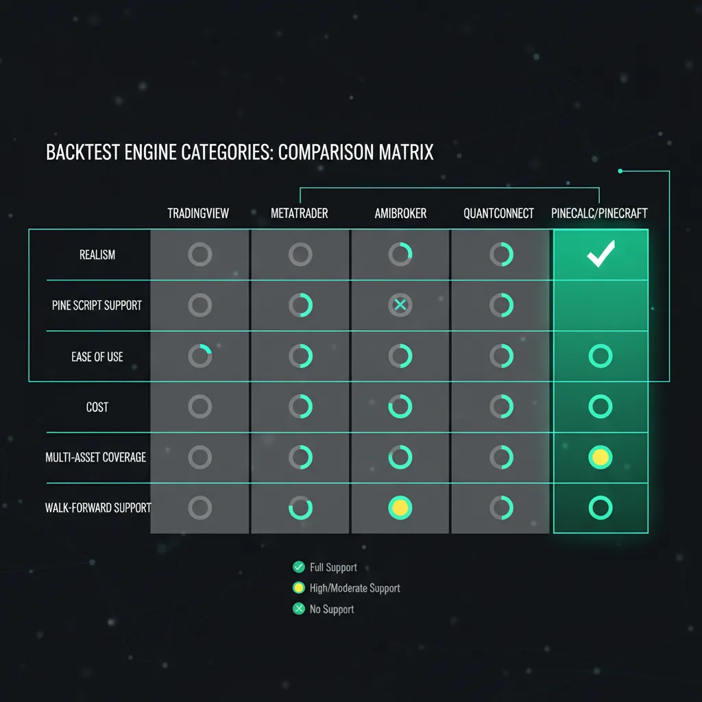 A detailed comparison infographic showing six backtest engine categories evaluated on six dimensions — realism, Pine Script support, ease of use, cost, multi-asset coverage, and walk-forward support — with PineForge highlighted in emerald