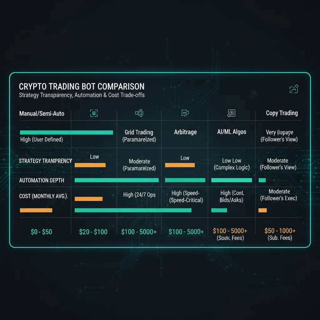 A detailed comparison chart showing the trade-offs between strategy transparency, automation depth, and cost across six crypto trading bot categories on a dark fintech background