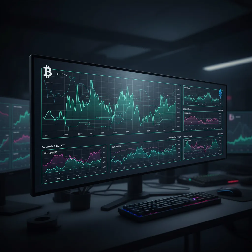 A dark fintech dashboard showing Bitcoin, Ethereum, and altcoin charts with automated bot indicators and grid lines glowing in emerald and teal — modern cryptocurrency trading aesthetic