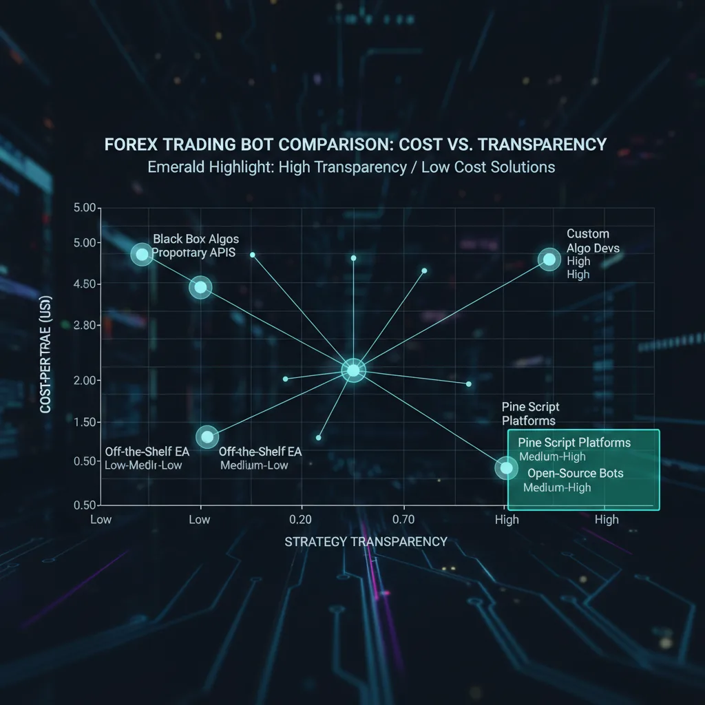 A clean comparison chart showing the cost-per-trade and strategy-transparency trade-offs across six forex trading bot categories, with Pine Script platforms positioned as the highest-transparency category