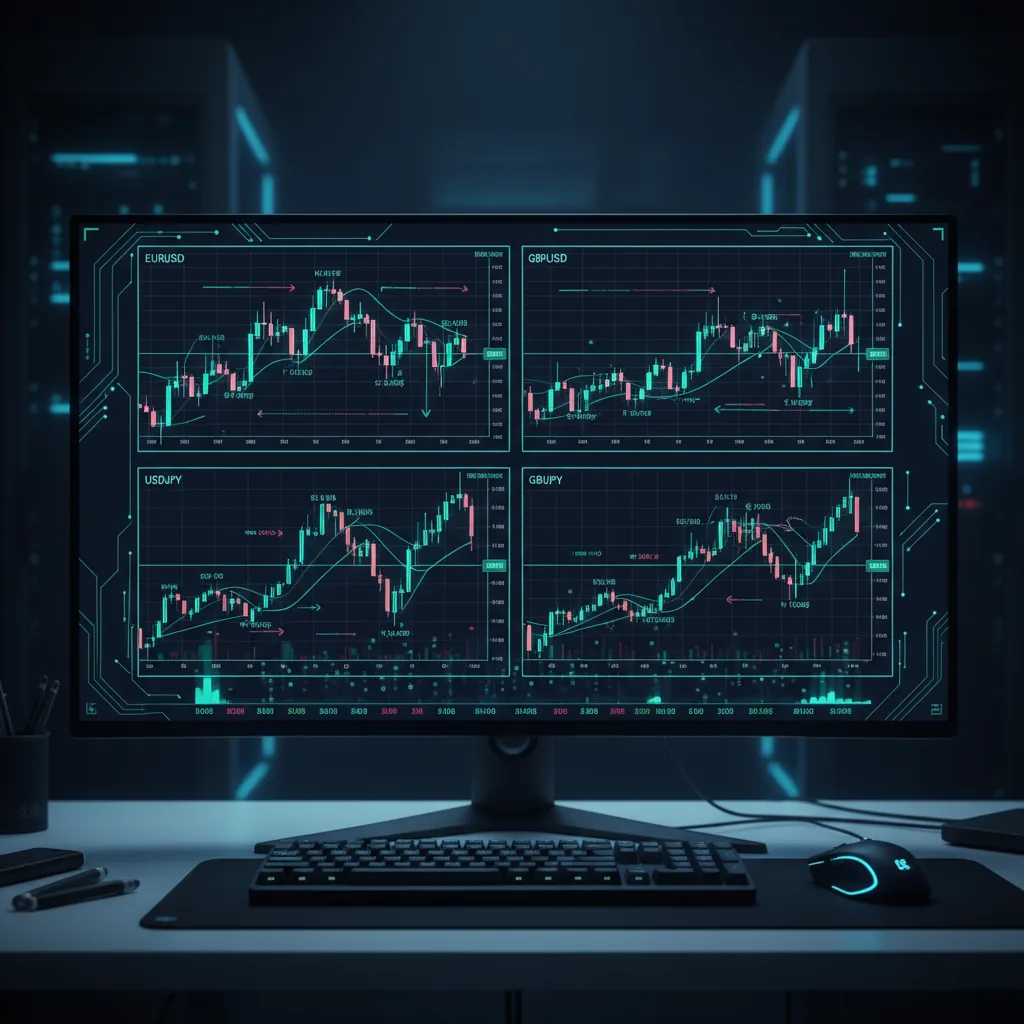 A dark themed forex trading dashboard showing multiple currency pair charts (EURUSD, GBPUSD, USDJPY, GBPJPY) with automated trading indicators glowing in emerald and teal — modern fintech aesthetic