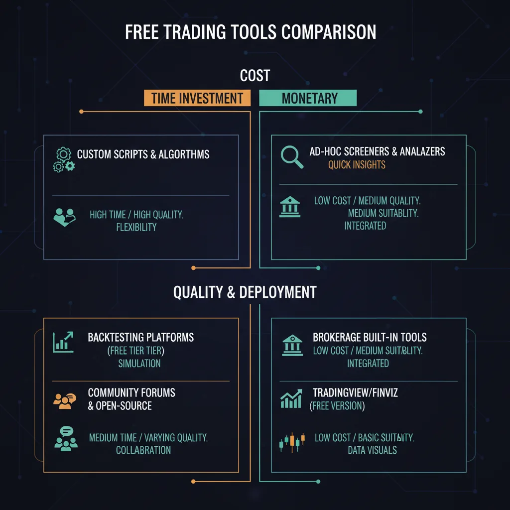 A detailed comparison showing six free trading tool categories evaluated on cost (time vs money), strategy quality, and suitability for production deployment — on a dark fintech background