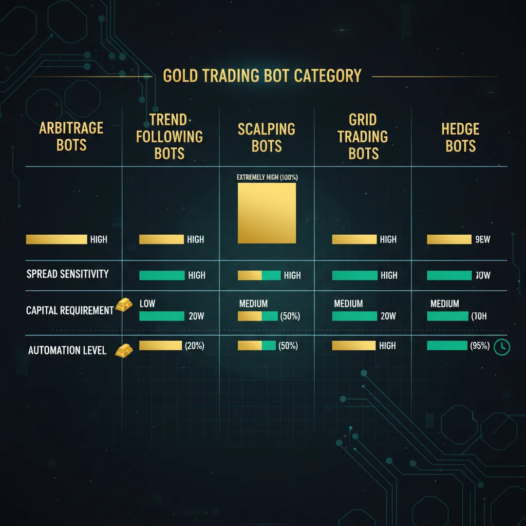 A detailed feature comparison infographic showing five gold trading bot categories with their key parameters — spread sensitivity, capital requirement, automation level — color-coded with gold and emerald accents on dark background