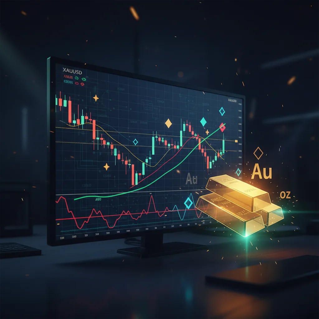 A dark trading screen showing XAUUSD gold price charts with automated trading indicators, gold bars and ounce symbols glowing in warm gold and emerald accents — cinematic fintech aesthetic