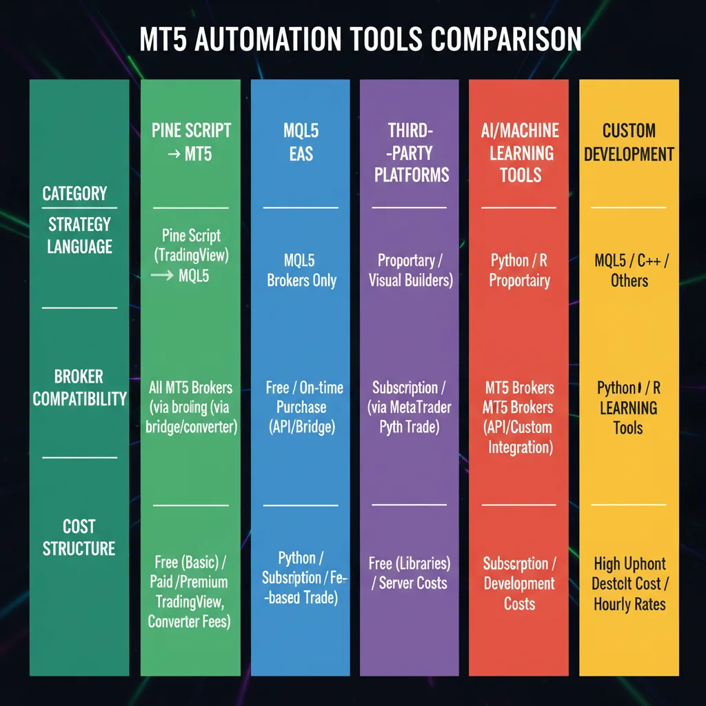 A detailed comparison infographic showing six MT5 automation tool categories with their strategy language, broker compatibility, and cost structure displayed clearly on a dark fintech background