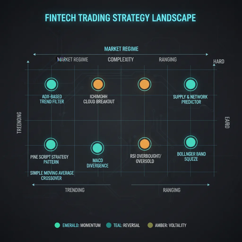 A dark fintech infographic showing the eight Pine Script strategy patterns plotted by market regime (trending vs ranging) and complexity (easy vs hard), with PineForge logo subtle in corner