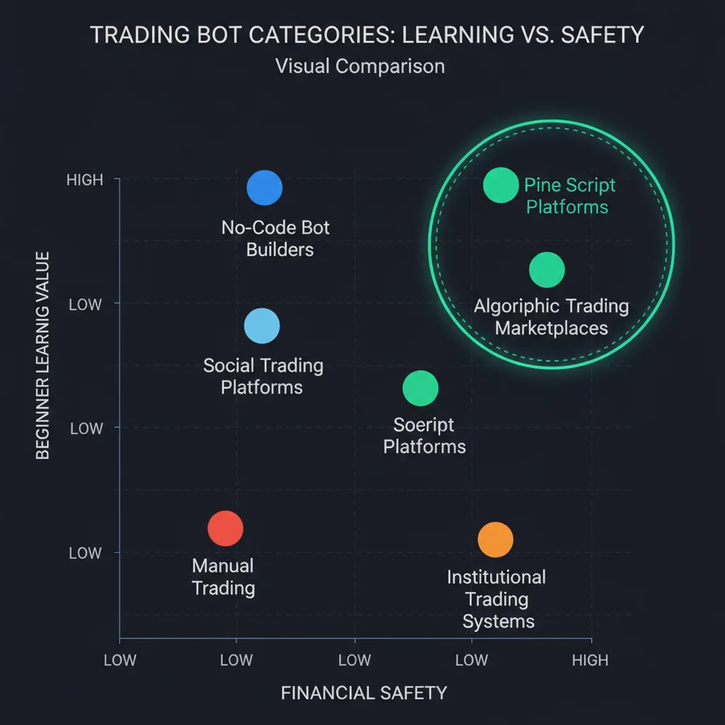 A clear visual comparison showing beginner learning value vs financial safety across six trading bot categories, with Pine Script platforms positioned at the top-right of both axes on a dark background