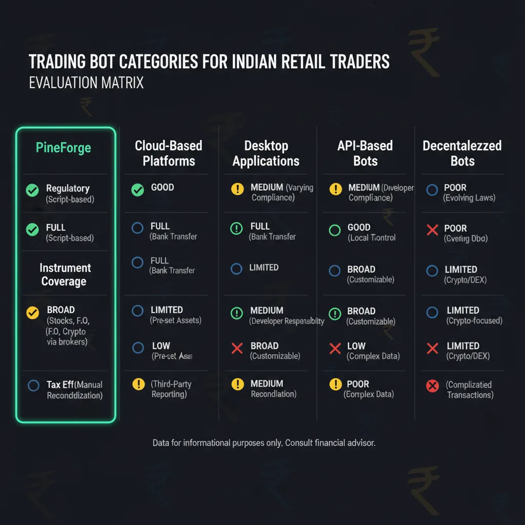 A clear comparison infographic showing five trading bot categories evaluated for Indian retail traders — regulatory clarity, INR support, instrument coverage, and tax efficiency — with PineForge highlighted