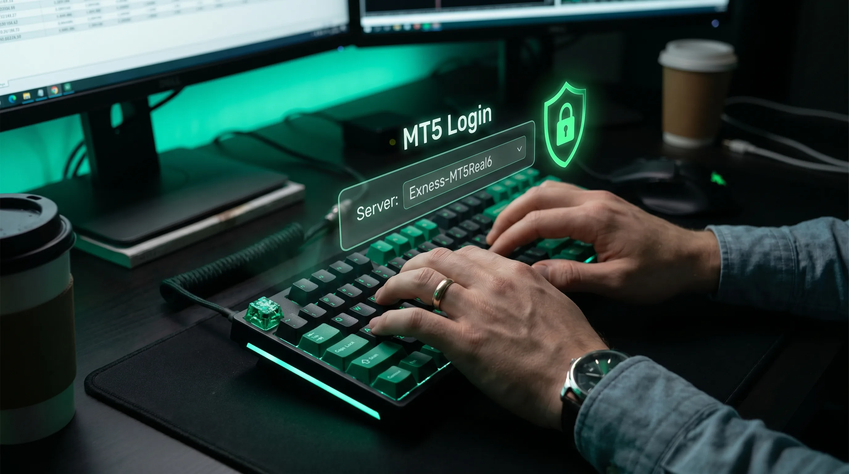 Entering MT5 login credentials with end-to-end encryption shield indicator