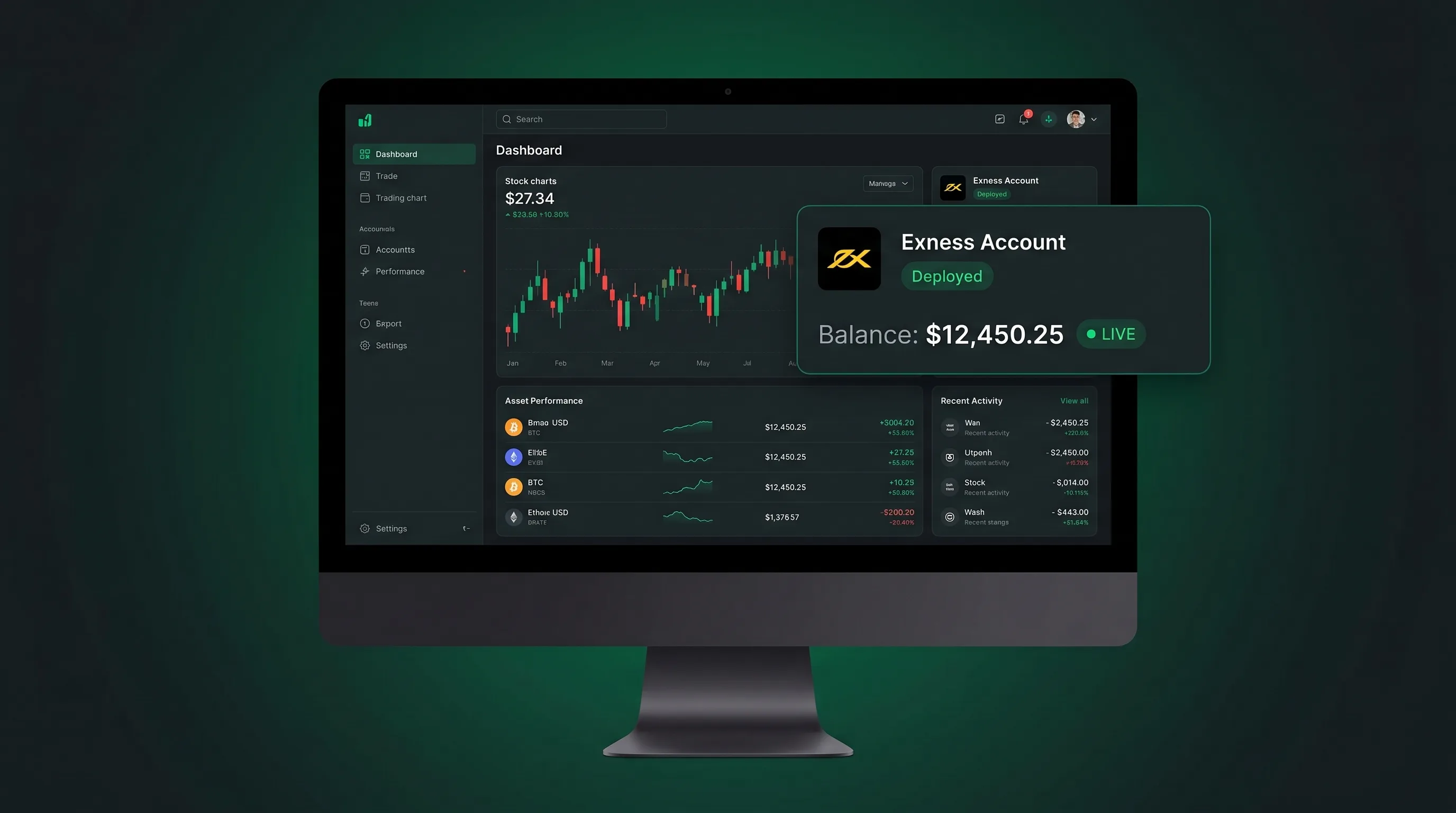 Connected Exness account on the PineForge dashboard with live balance and "Deployed" status