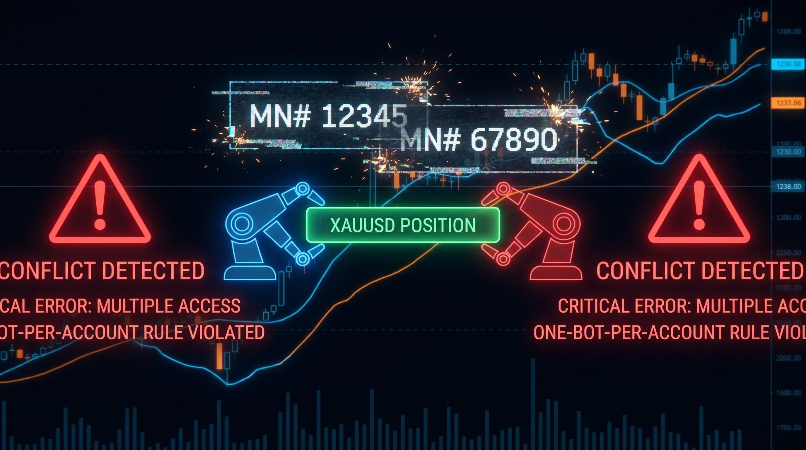 Two bots tagging the same broker position with conflicting magic-number identifiers, triggering double-counting
