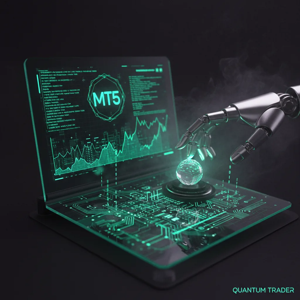 A robotic arm interacting with a holographic trading interface displaying MT5 charts and code snippets.