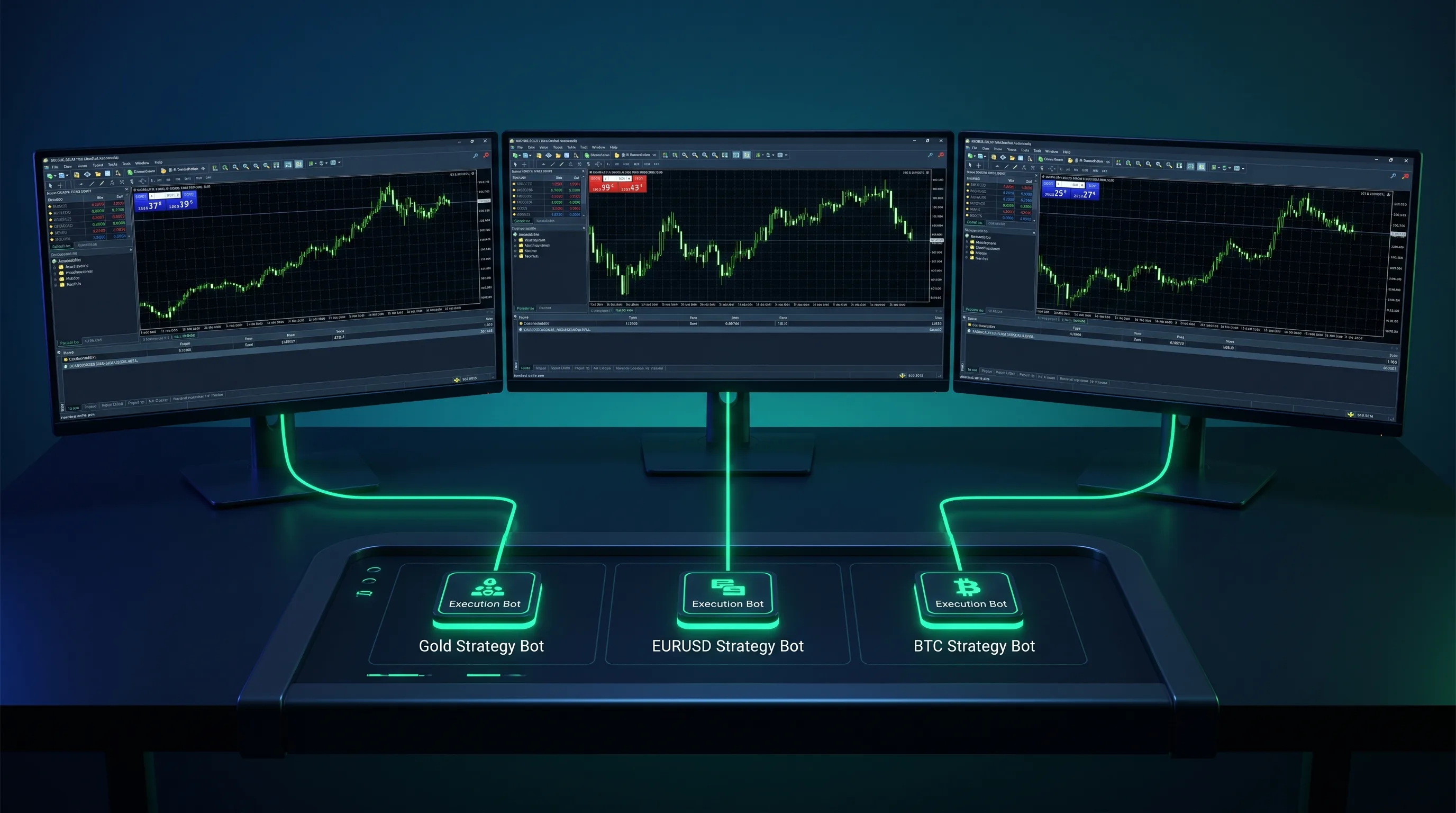 Three independent MT5 terminals, each with its own dedicated bot running an isolated strategy — gold, EURUSD, BTCUSD