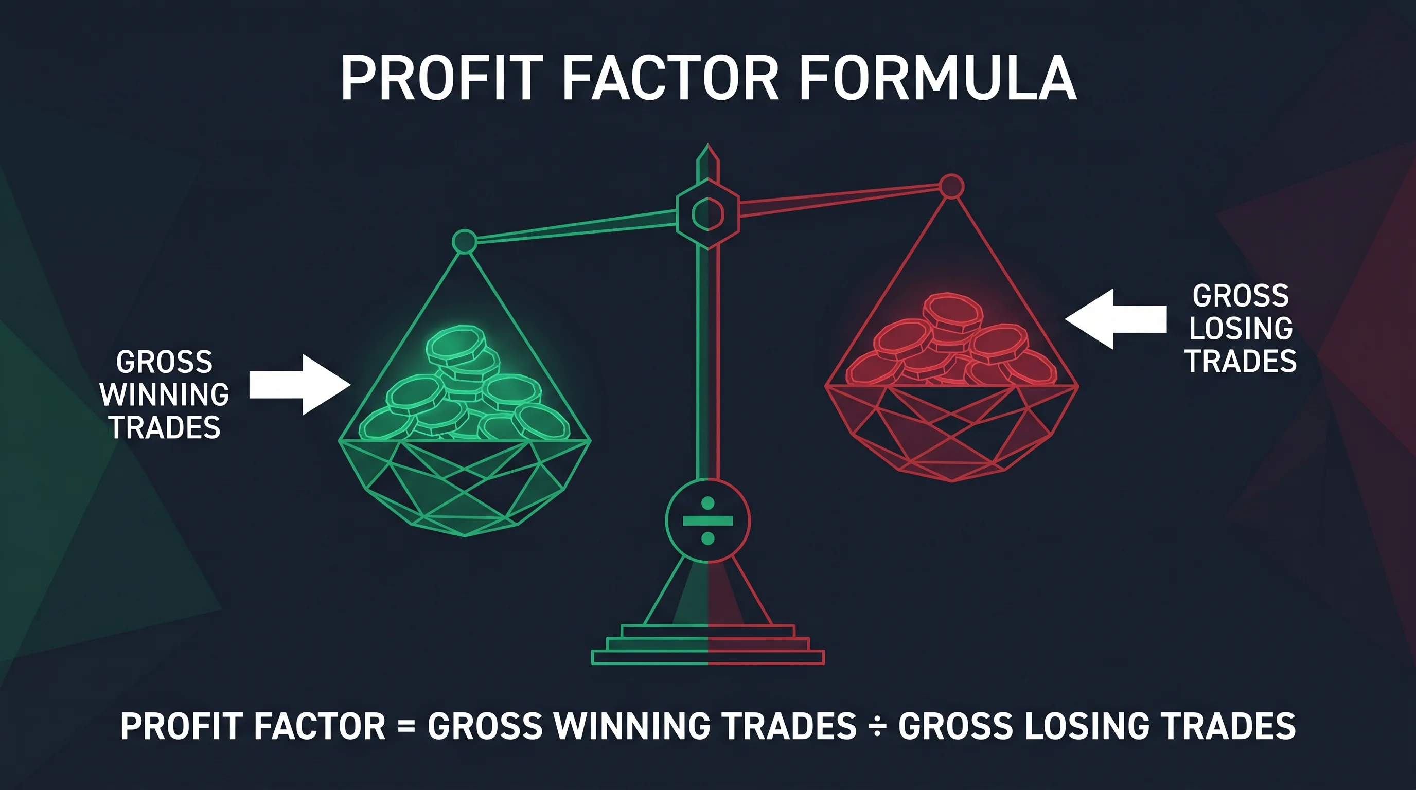 Profit factor as a balance scale — gross winning dollars on one side, gross losing dollars on the other