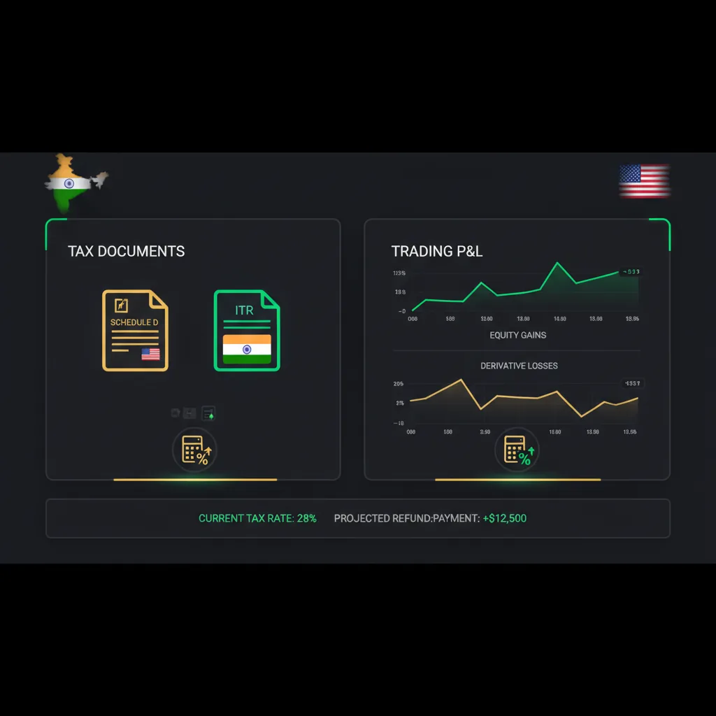 A clean dark-themed financial dashboard showing tax document icons (Schedule D, ITR forms) alongside trading P&L charts with country flags subtly displayed — emerald and gold accents